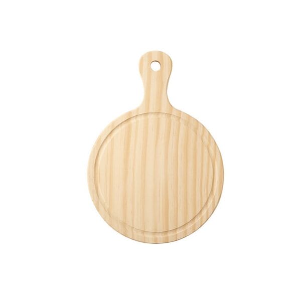 Pine wood round pizza board with handle. Ideal for restaurants; pine wood trays wholesale.