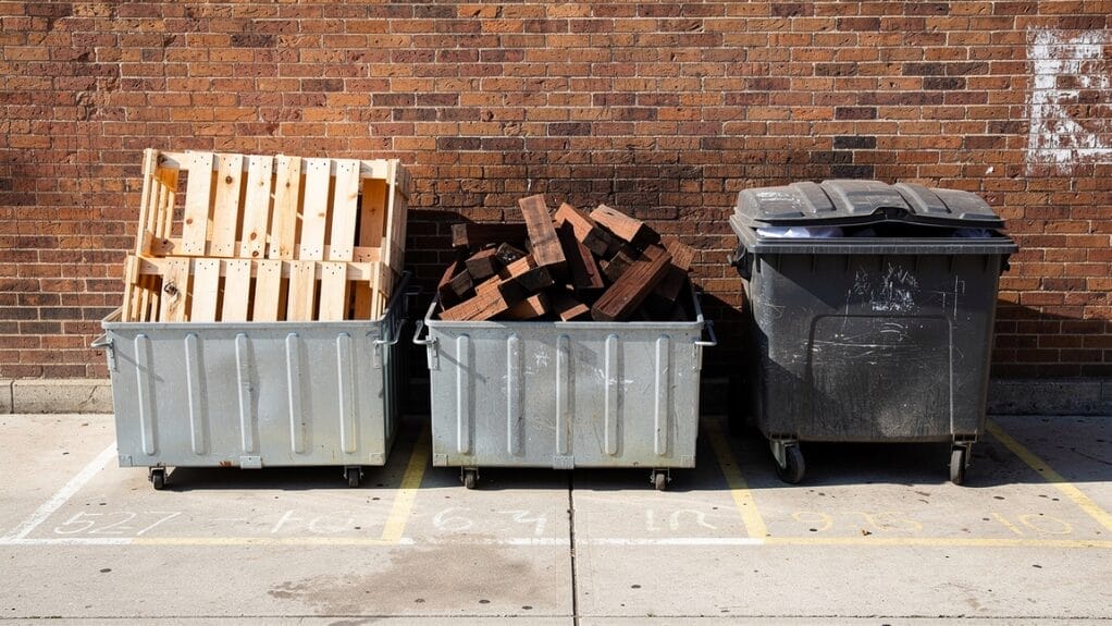 Wood recycling: Pallets and wood scraps in dumpsters against a brick wall.