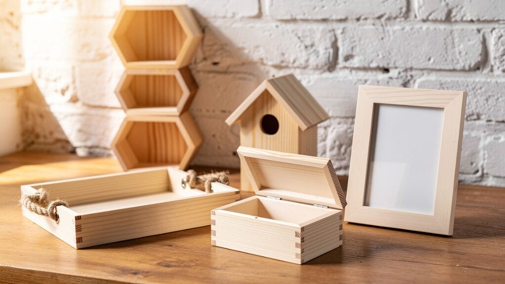 Wood craft materials: Unfinished wood box, frame, tray, birdhouse, and hexagon shelves on a wooden table.