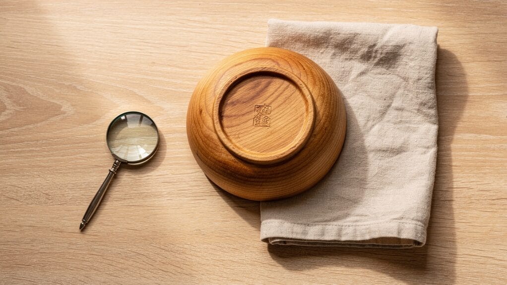 Wooden bowl with maker's mark, magnifying glass, and cloth
