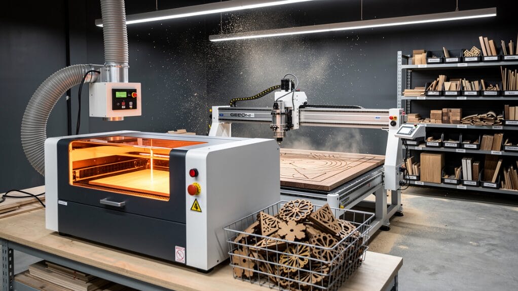 Laser cutter and CNC router machine working with wood, showcasing "Laser Cut Wood vs CNC" usage.