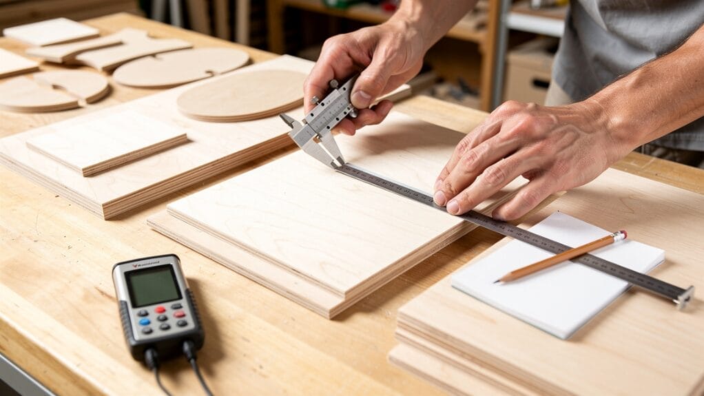 Woodworker measures wood craft materials with calipers and ruler.