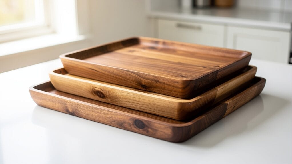 Stacked wooden serving trays in various sizes and wood tones.