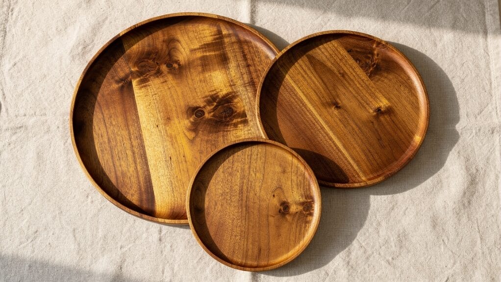 Three wooden serving trays in varying sizes on a linen tablecloth.