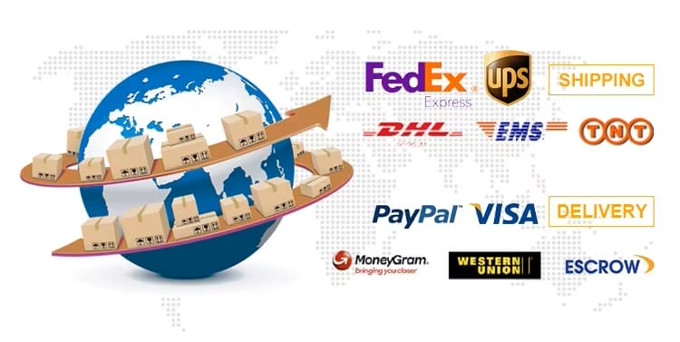 Global shipping illustration with FedEx, UPS, DHL, TNT, PayPal, Visa, MoneyGram, Western Union, and Escrow logos.