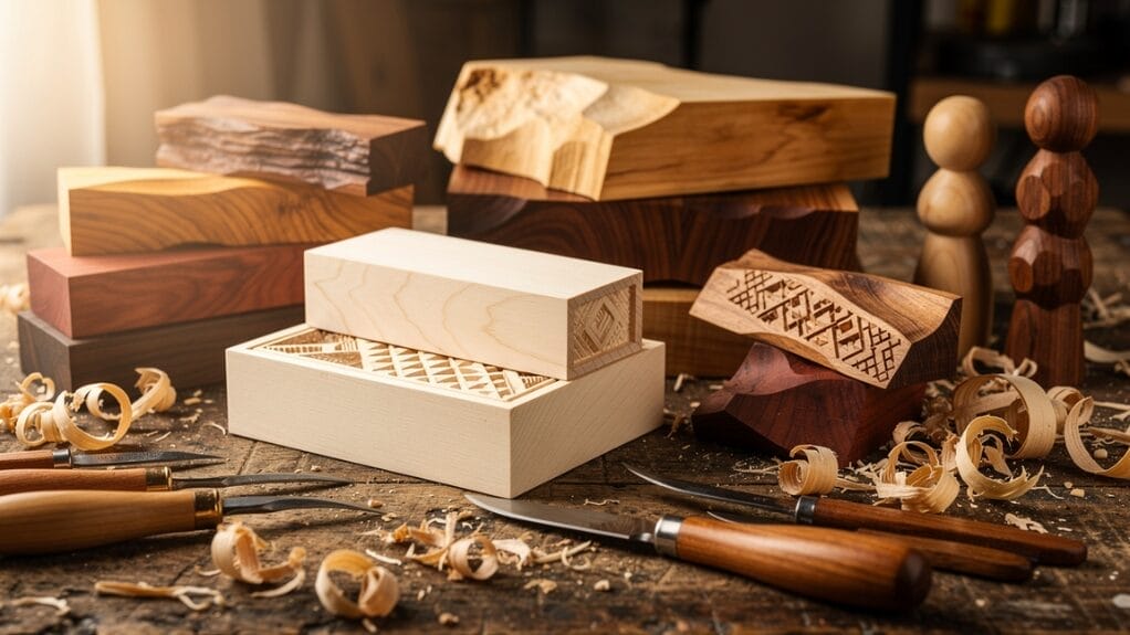 Wood craft materials: Carving tools, wood blocks, and shavings on a workbench for woodworking projects.