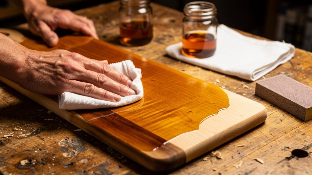 Applying wood finish to a wooden cutting board, wood craft materials.