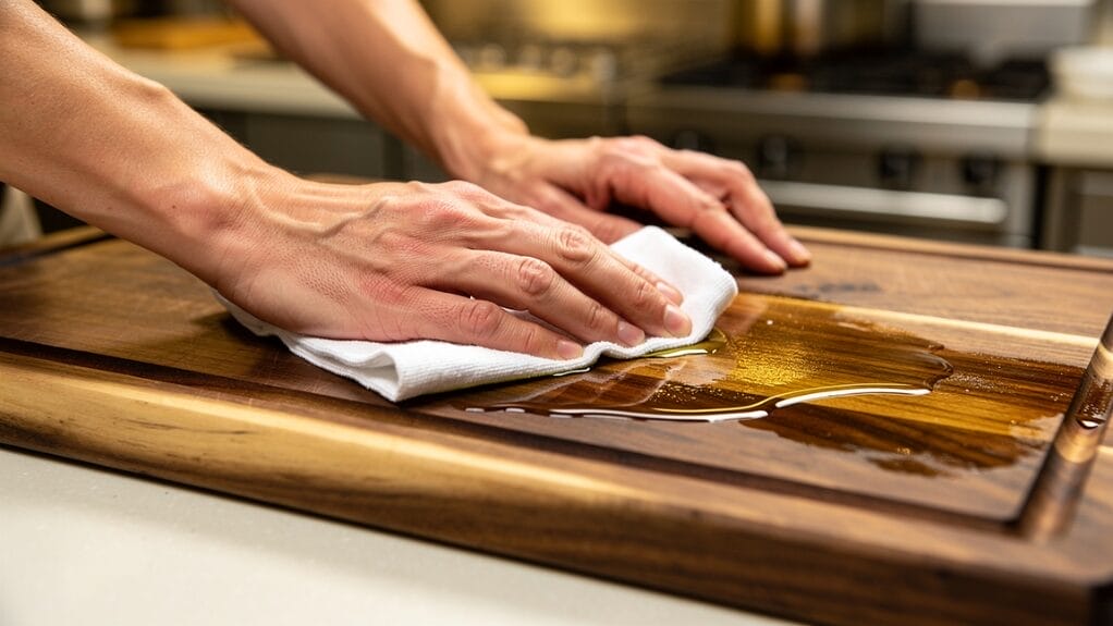Oiling wood cutting board with a white cloth. Essential care tip for cutting boards.