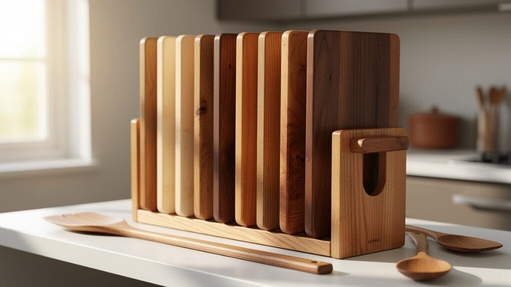 Wooden cutting board rack with various wood tones, spoons on a white counter. How to Oil Wood Cutting Boards.