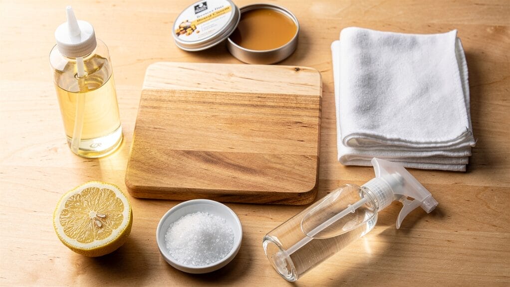 Ingredients and tools to oil wood cutting boards: oil, wax, lemon, salt, spray bottle, and cloths.