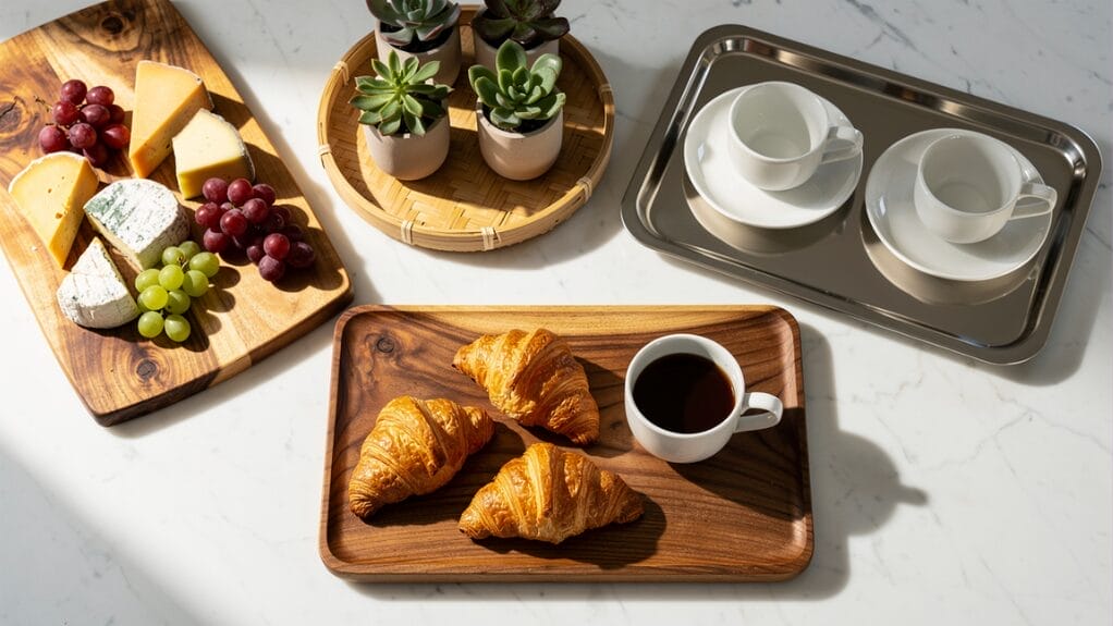 Assorted serving trays: wood cheese board, succulent tray, metal tray with cups, wood tray with croissants and coffee.
