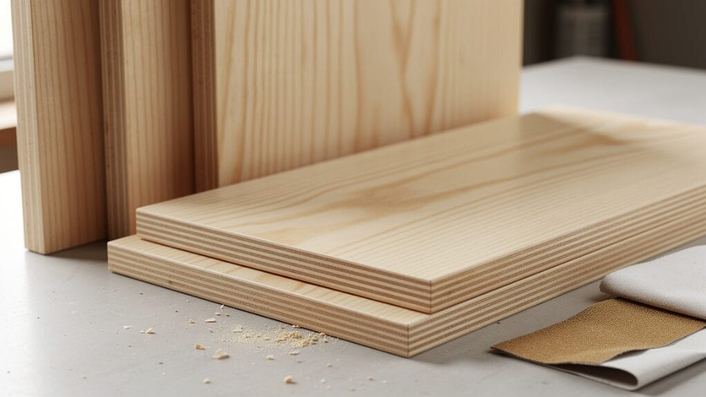 Wood craft materials: Plywood and lumber ready for crafting projects.