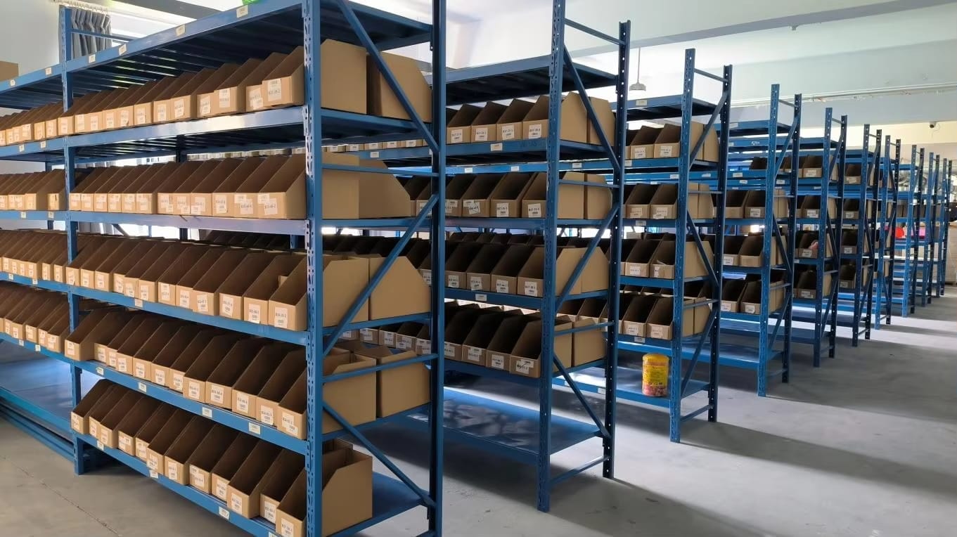 Warehouse shelves filled with cardboard storage boxes. Inventory management.