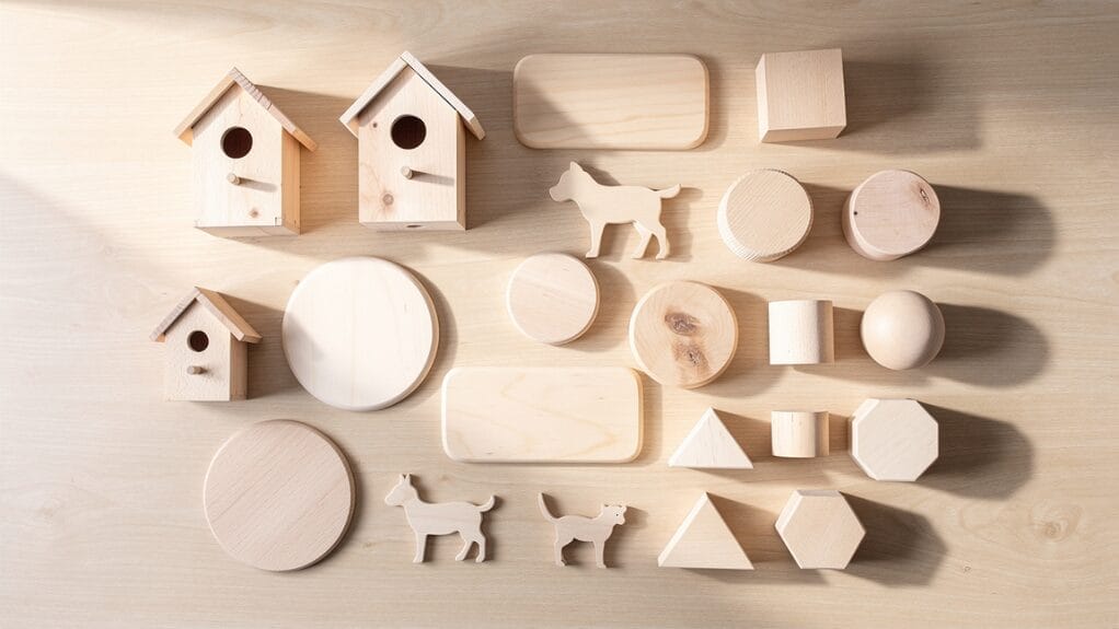 Wood craft materials: Birdhouses, animal shapes, and geometric wood pieces on a wooden surface.