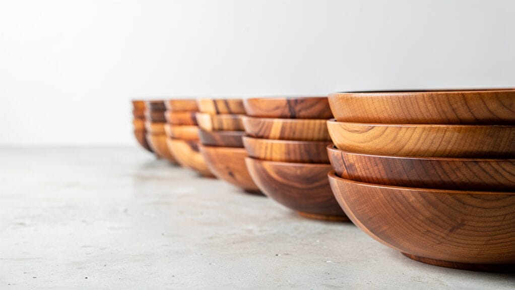 Stack of wooden bowls, showcasing natural wood grain and craftsmanship.