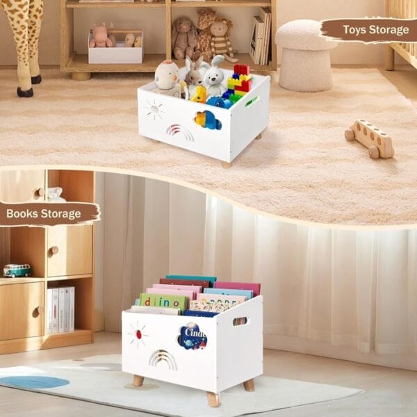 White wooden toy and book storage box with rainbow cutout design