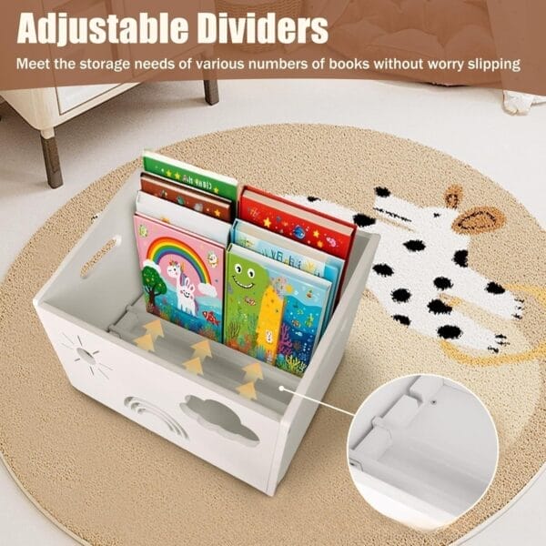 Book storage box with adjustable dividers, filled with colorful children's books, on giraffe rug.
