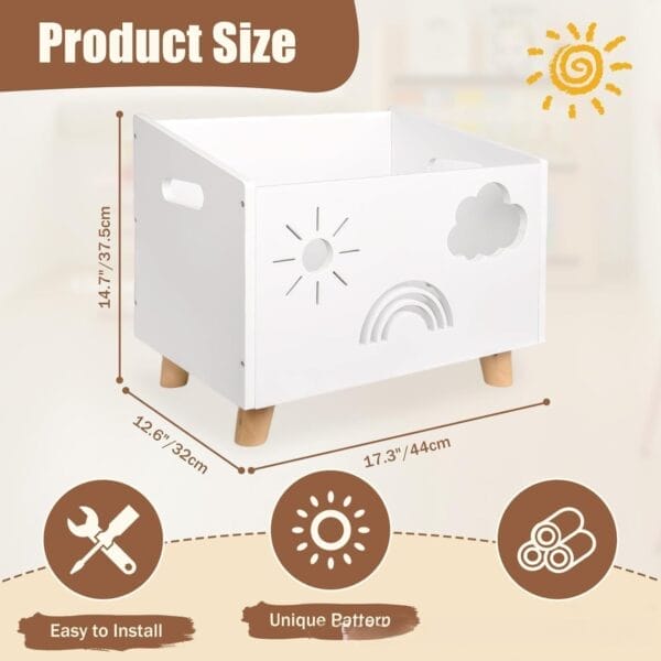 White toy storage box with sun, cloud, and rainbow cutouts, featuring natural wood legs. Dimensions: 14.7" x 12.6" x 17.3".