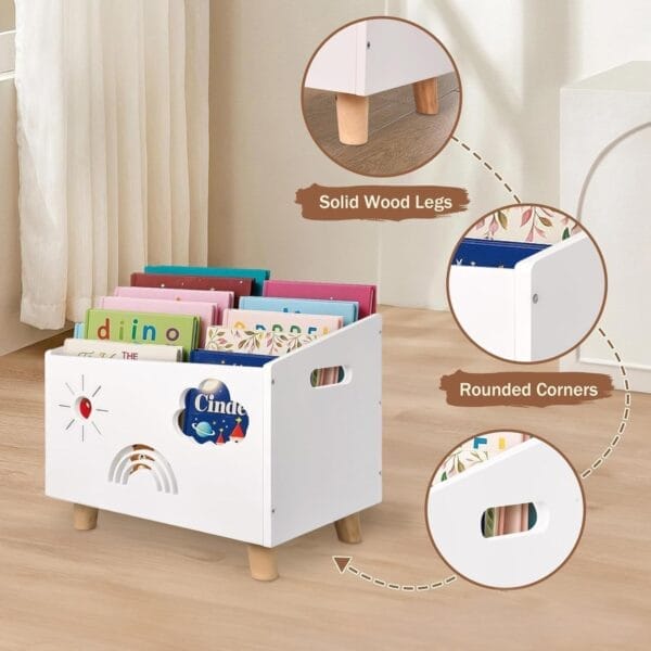 White children's bookshelf with solid wood legs, rounded corners, and colorful book storage.