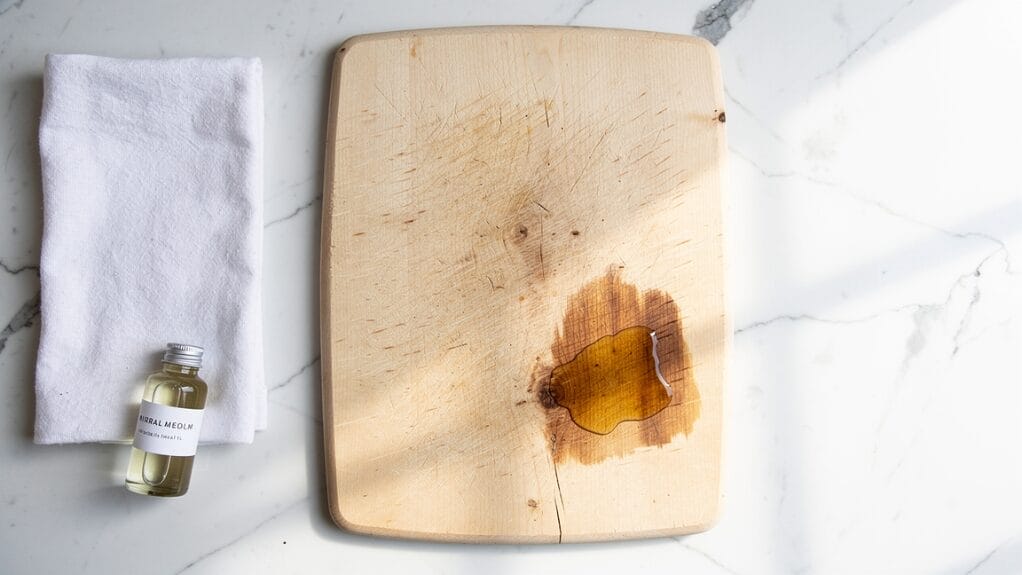 How to Oil Wood Cutting Boards: Wood board with mineral oil, cloth.