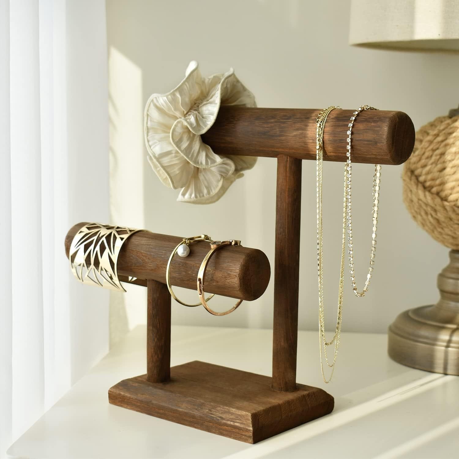 Two-Tier Rustic Solid Wood Bangle & Jewelry Display: Wooden bangle stand showcasing bracelets, necklaces, and a scrunchie.