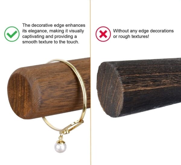 Wood Bangle Stand: Two-tier rustic solid wood bangle & jewelry display, showing decorative vs. unfinished edge.