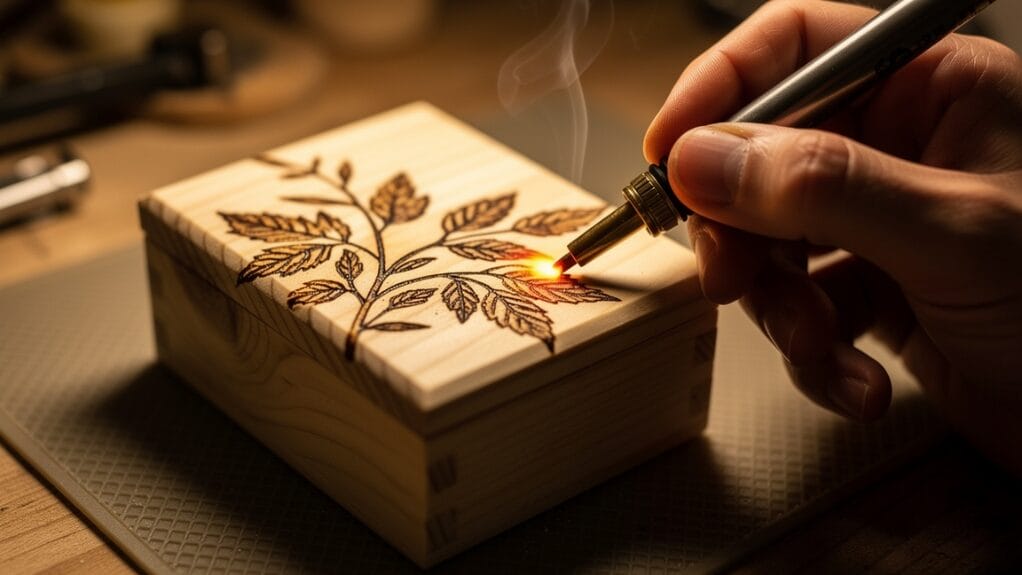 Wood burning tool engraving a floral design on a wooden box. How to engrave a wooden box.