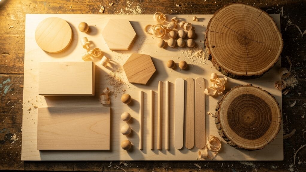 Wood craft materials: wood slices, blocks, dowels, and shavings on a board.