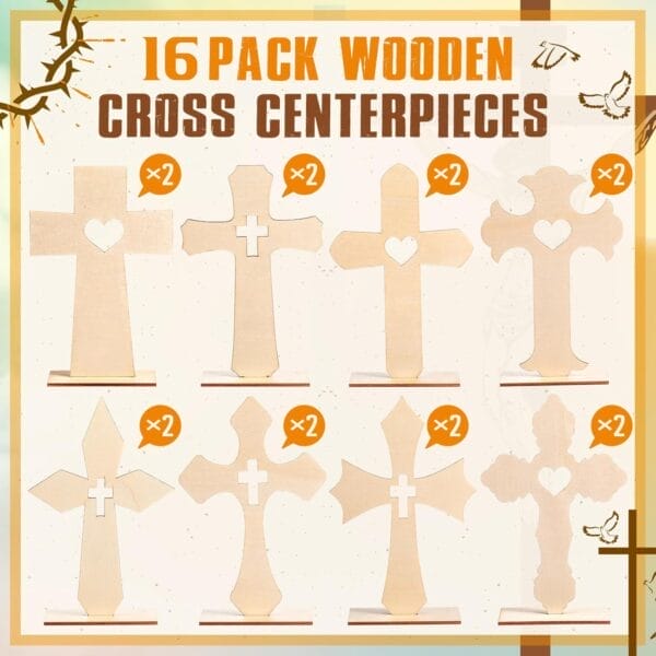 16 wooden cross centerpieces of various designs on stands, some with heart cutouts.