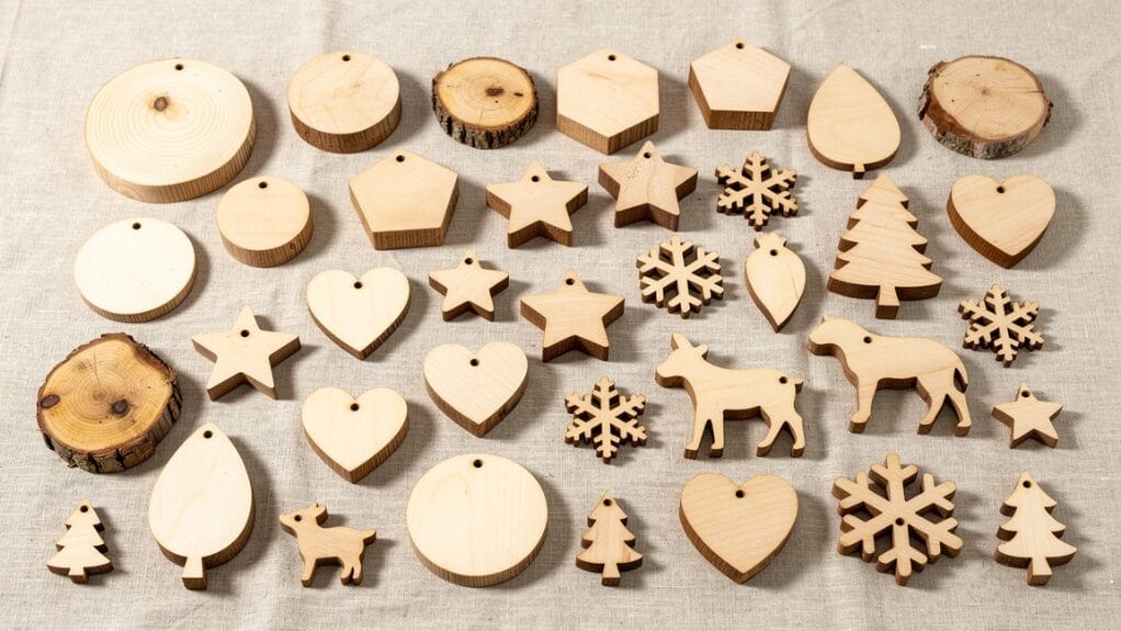 Assorted wood craft materials: rounds, stars, hearts, snowflakes, trees, and deer shapes.