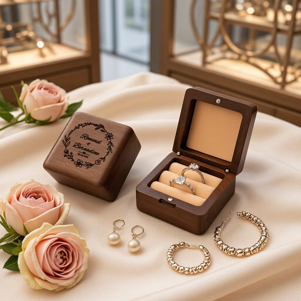 Engraved wooden jewelry box with rings, earrings, and roses on a beige cloth. Text: Rommel & Bernadette, 25.08.2025.
