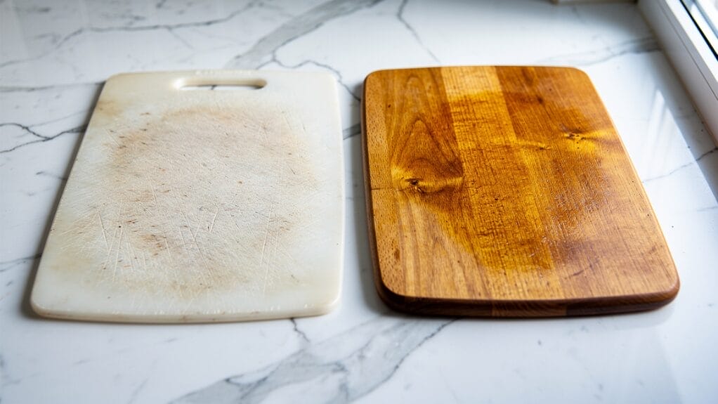 Two cutting boards: a worn plastic board and an oiled wood cutting board, demonstrating cutting board care.