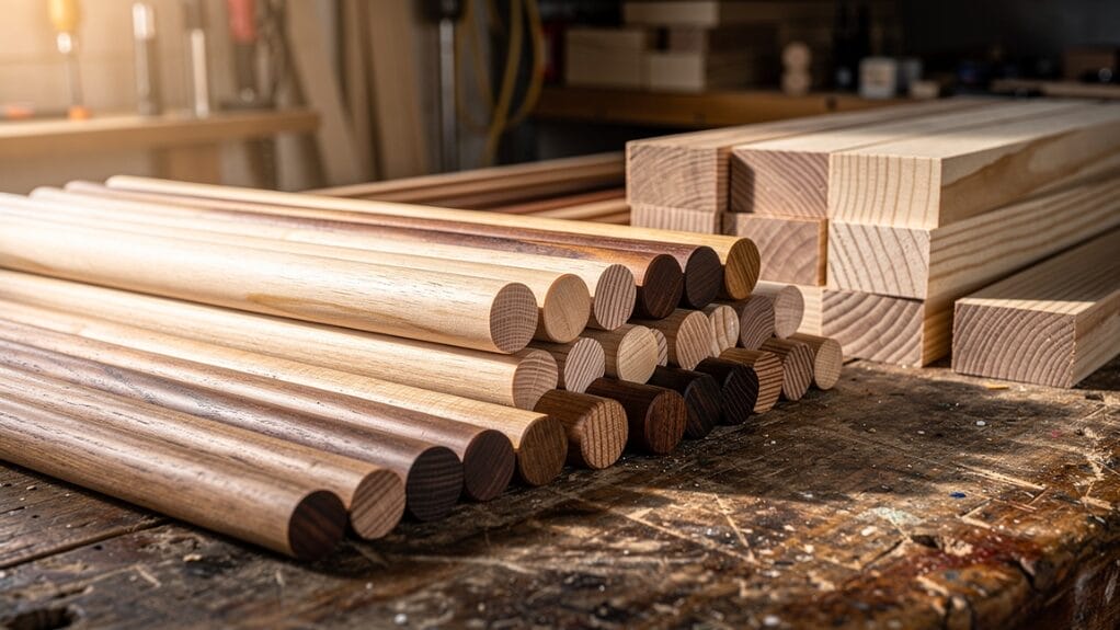 Wood craft materials: dowels and square wood stock on a workbench.