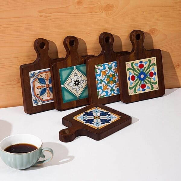 Wooden trivets with colorful tile inserts, perfect for protecting surfaces from hot dishes