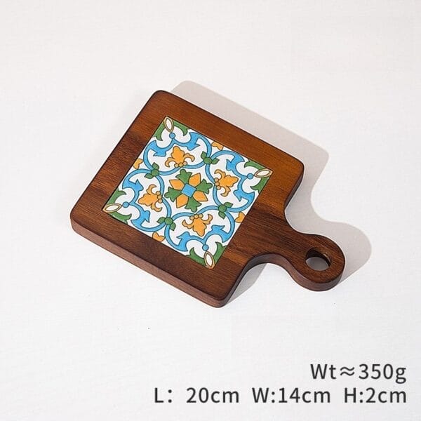 Wooden trivet with handle featuring a colorful decorative tile insert