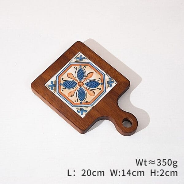 Wooden trivet with handle and decorative tile insert, perfect for protecting surfaces.