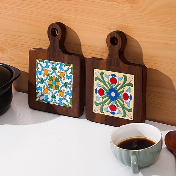 AUTO-DRAFT: Wooden cutting boards with colorful tile inserts, kitchen decor