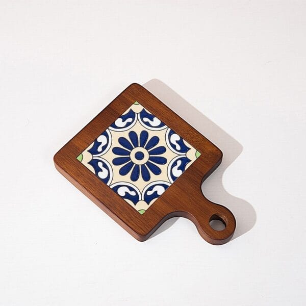 AUTO-DRAFT: Square wooden trivet with handle and decorative blue & white tile insert.