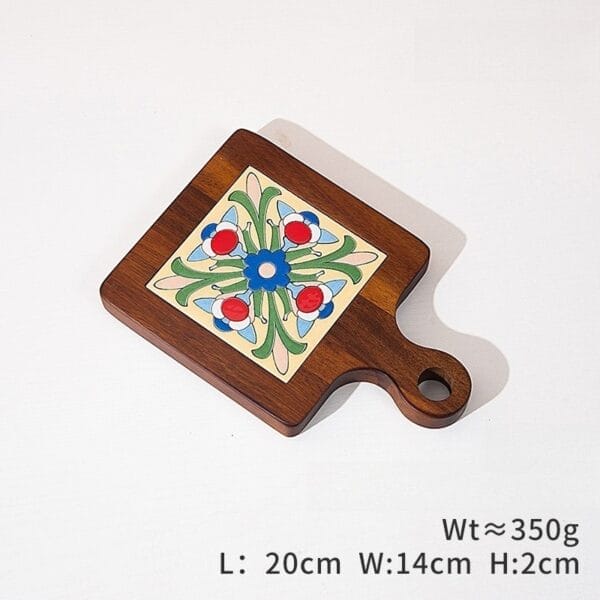 AUTO-DRAFT: Wooden trivet with colorful floral tile insert, perfect for hot dishes