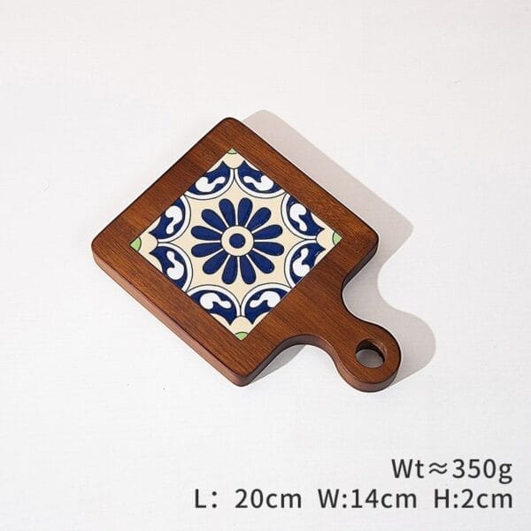 AUTO-DRAFT: Square wooden trivet with blue and white floral tile insert and handle