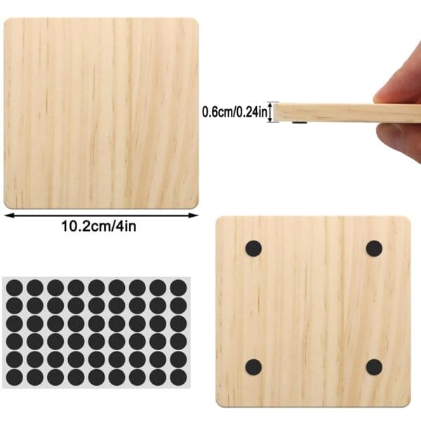 Square wooden coaster with dimensions 10.2cm x 10.2cm and 0.6cm thick, featuring adhesive feet.
