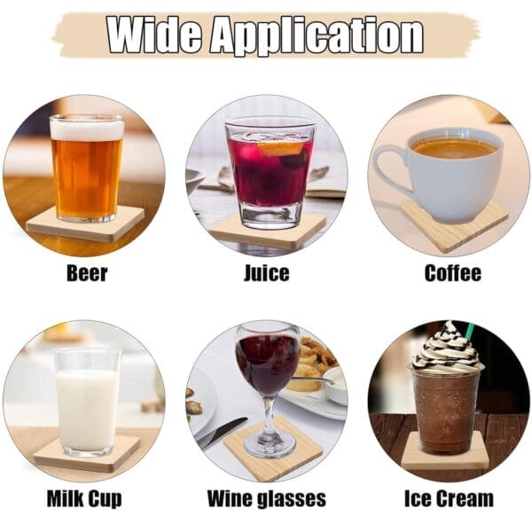 Wooden coasters under beer, juice, coffee, milk, wine glasses, and ice cream showcasing wide application