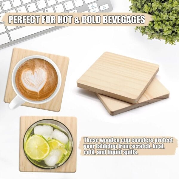 Wooden coasters for hot & cold drinks, protecting tabletops from scratches, heat, cold, and spills.