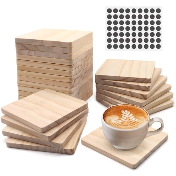 Wooden square coasters with felt pads, showcasing a coffee cup on one coaster. AUTO-DRAFT product.