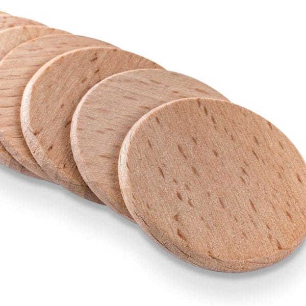 Blank Beech Wooden Nickels: Unfinished wooden coins for crafts or custom tokens.