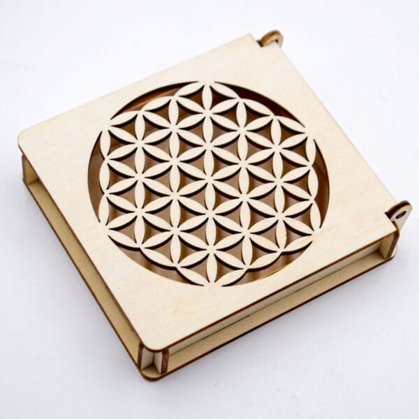 Custom Carved Wooden Box, laser-cut with a geometric flower pattern. Wholesale manufacturer.