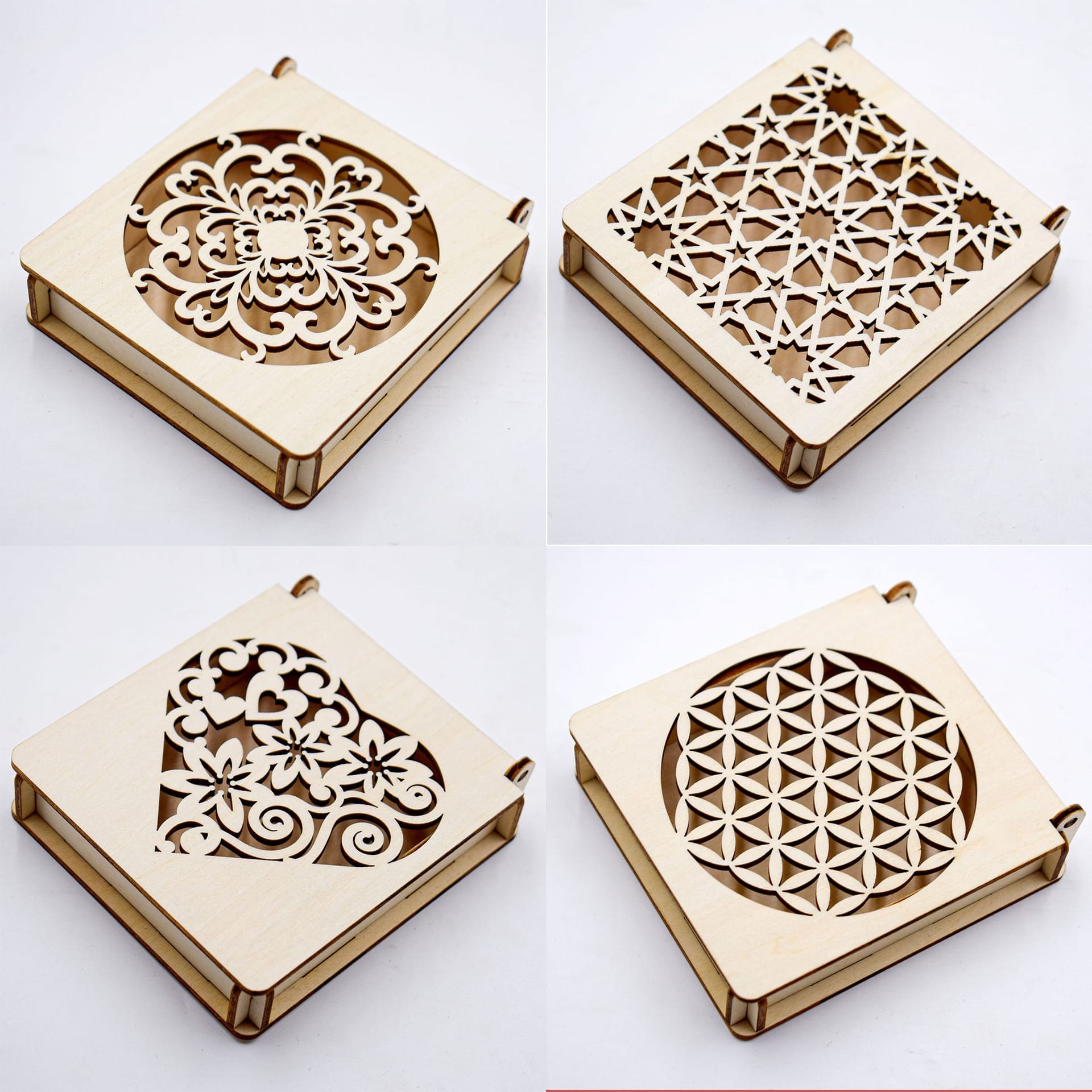 Custom Carved Wooden Box: Four laser-cut carved wooden boxes with unique designs. Wholesale manufacturer.