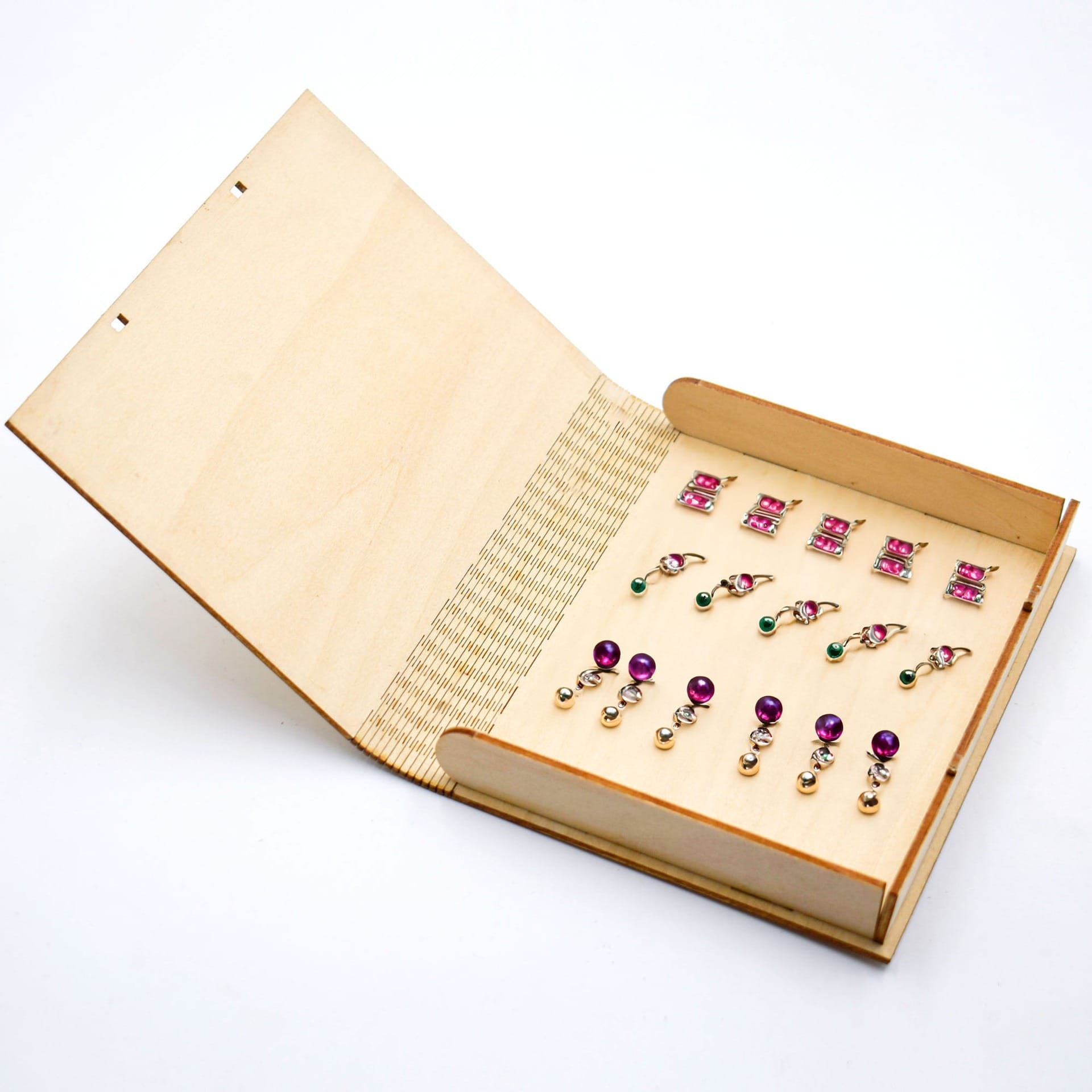 Custom Carved Wooden Box: Laser-cut carved wooden box with earring display.