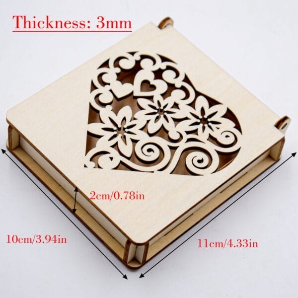 Custom Carved Wooden Box: Laser-cut floral heart design on a 3mm thick carved wooden box.