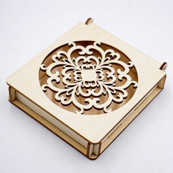 Custom Carved Wooden Box: Laser-cut floral design on a light wood box. Wholesale manufacturer.